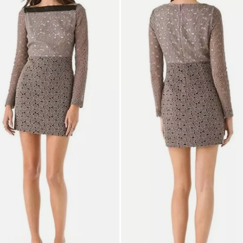 Diane von Furstenburg Sarita pebbled lace dress taupe / black leather women 12 - Picture 4 of 14